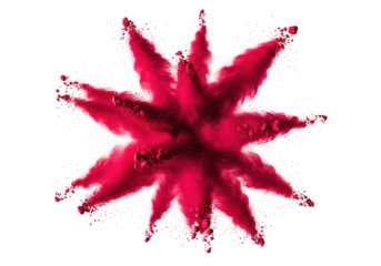 A vibrant crimson red powder explosion with sharply defined particles scattering dynamically, frozen in time against a transparent studio background with bright, shadowless lighting, creating an