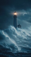 A lighthouse stands tall amidst a turbulent sea under a dramatic, stormy sky, beacon shining