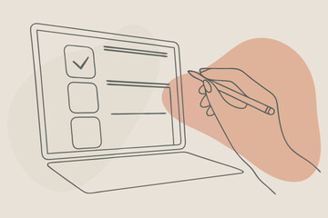 Hand completing an online survey on a laptop, Minimalist line art with abstract shapes, Vector illustration - Generative AI