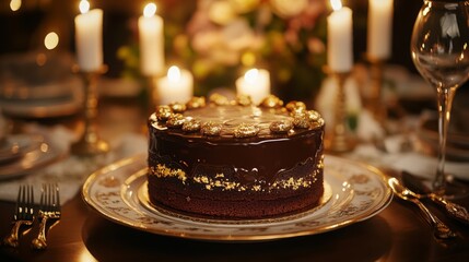 Fototapeta premium Elegant chocolate cake adorned with gold accents at a candlelit dinner table during a festive gathering