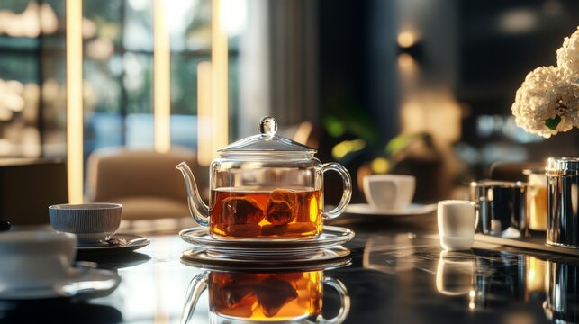 Hot tea brew sits elegantly on a sleek table inside a modern café with soft lighting