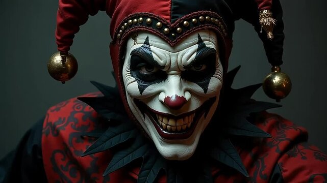 Menacing jester's unsettling grin promises chilling suspense and dark entertainment in this horror scene