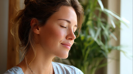 Fototapeta premium Serene woman with closed eyes enjoying tranquility, surrounded by lush green plants in a bright indoor setting