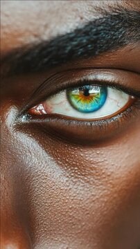 Portrait of a person with dark skin and smokey eye makeup, emphasizing facial texture and cosmetic application.