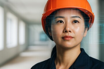 Confident Asian Woman Engineer Wearing Hard Hat Overlayed with Construction Plans and Technology in a Hallway
