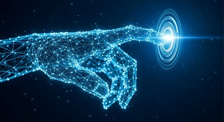 Futuristic glowing blue digital hand touching a bright interactive interface with glowing light and network connections