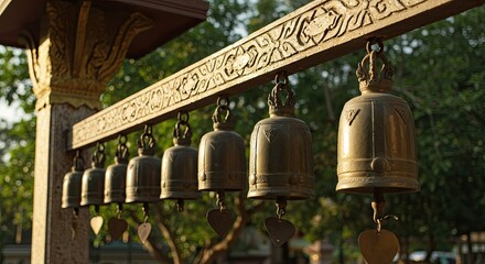 Obraz premium Serene Row of Ornate Bronze Temple Bells in Golden Afternoon Light