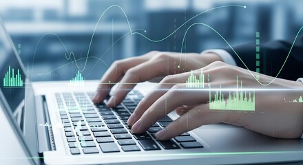 Close up of business professional s hands typing on a laptop with futuristic financial data visualizations overlayed