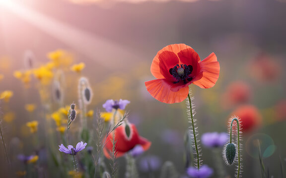 Single vibrant red poppy in a field of wildflowers