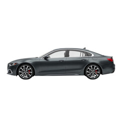 Modern dark gray four door sedan car viewed from the side isolated on transparent background
