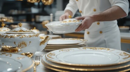 Chef sets elegantly designed dinnerware in upscale restaurant kitchen during busy service