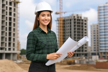 Confident Civil Engineer Holding Blueprints on Building Construction Site with Cranes