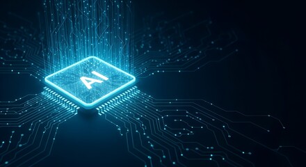 Futuristic glowing ai chip with digital data streams emanating from a circuit board in deep blue tones