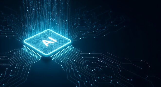 Futuristic glowing ai chip with digital data streams emanating from a circuit board in deep blue tones - Powered by Adobe