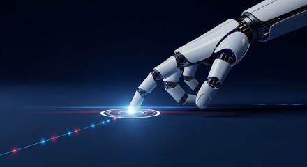 Close up of a futuristic robotic hand touching a glowing blue digital interface with red light trails