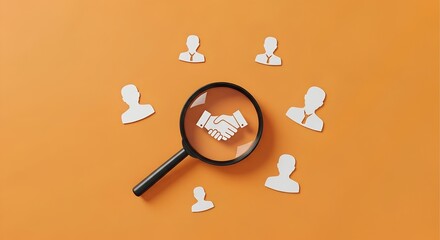 Magnifying glass focuses on a person icon surrounded by other people icons representing recruitment and selection