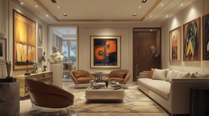 Fototapeta premium Elegant living room design features contemporary art in a modern home environment during daylight hours