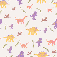Cute Colorful Dinosaurs Vector Seamless Pattern