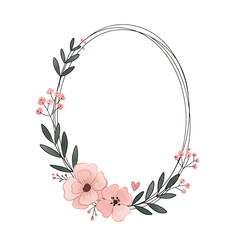 Floral Wreath with Pink Flowers and Leaves on Transparent Background