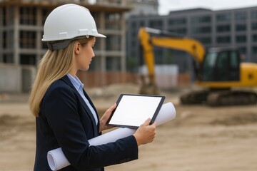 Female Construction Engineer Analyzing Building Plans on a Tablet at Construction Site.