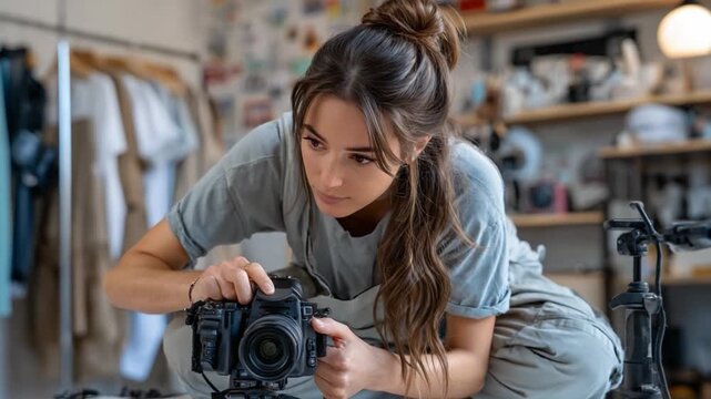 Photographer Focused: A woman meticulously adjusts her camera equipment, showcasing professional skill and dedicated focus in a well-lit studio setting.