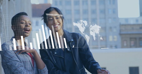 Collaborating professionals in suits analyzing data on rooftop balcony, with graph overlay