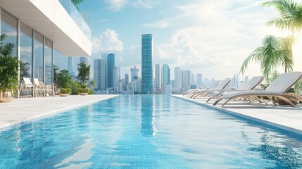 Fototapeta premium Luxurious outdoor pool overlooking a vibrant skyline in a sunny urban setting during daytime