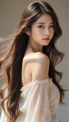 Beauty portrait of a beautiful young woman with long hair blowing in the wind and glowing skin. Beautiful hair, beauty image, natural.風になびく長い髪と輝く肌を持つ美しい若い女性の美容ポートレート。美しい髪、美容イメージ、ナチュラル。