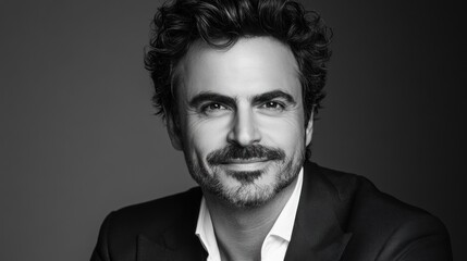 Obraz premium Striking Black and White Portrait of a Confident Man with Curly Hair