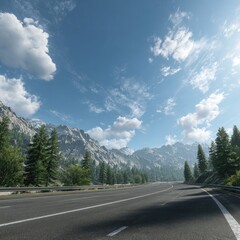 Naklejka premium Sun-drenched mountain highway curves gently through a coniferous forest under a mostly clear sky, with majestic peaks in the background
