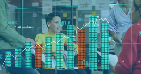 Professionals in business attire discussing data in office, with chart overlays, sticky notes