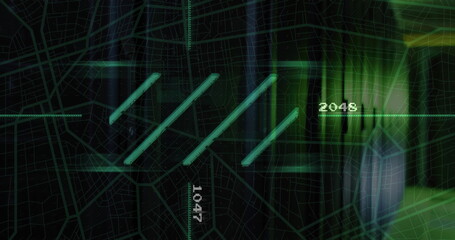 Showing HUD with city grid, scanning beams, glowing diagonal bars, readouts 1047 and 2048, hologram