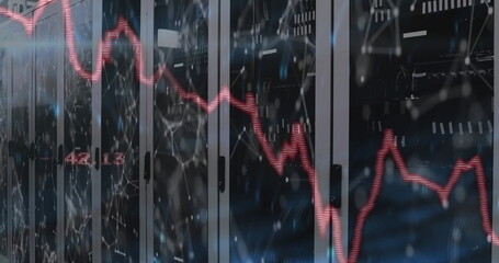 Server cabinets with lights and cables lining data center, showing red graph overlay on shiny floor