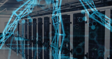 Showing server cabinets running along data center corridor, featuring holographic arm overlay