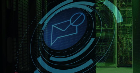 Showing envelope icon overlay floating in data center with server racks network cables circular HUD