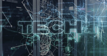 Displaying large transparent TECH text over translucent panels in digital grid, with neon nodes