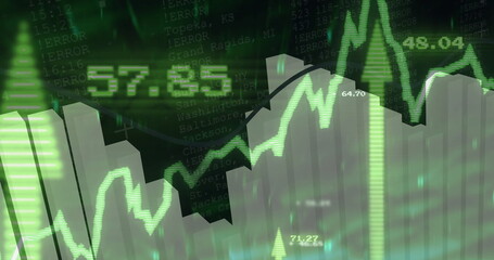 Displaying dashboard showing rising 3D bars on grid, with line graph labels and city-error overlay
