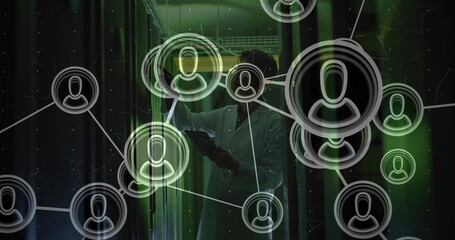 Inspecting servers, Korean technician holding tablet in data center, with racks, network overlay