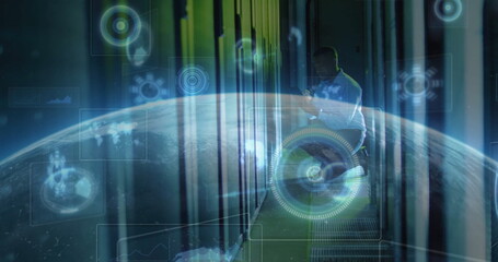 Crouching tech adjusting rack panel in data center corridor, using tablet amid globe overlay, icons