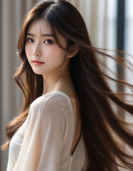 Beauty portrait of a beautiful young woman with long hair blowing in the wind and glowing skin. Beautiful hair, beauty image, natural.風になびく長い髪と輝く肌を持つ美しい若い女性の美容ポートレート。美しい髪、美容イメージ、ナチュラル。