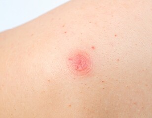 Fototapeta premium Detailed close-up of a red, inflamed circular lesion on human skin with a spiral pattern, representing a skin allergy, insect bite, or irritation.