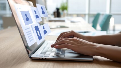 Woman Typing on Laptop with Social Media Icons Social Networking and Connecting Concept.