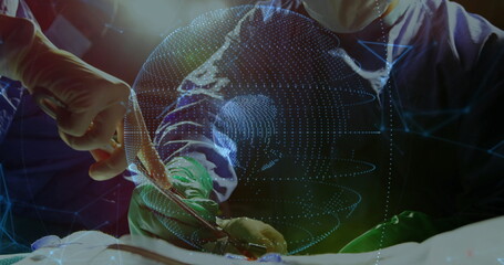 Performing surgery medical team using scalpel and forceps on drape in OR under hologram, OR lights