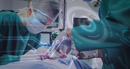 Medical team performing surgery in operating room, with scalpel, retractor and digital overlays