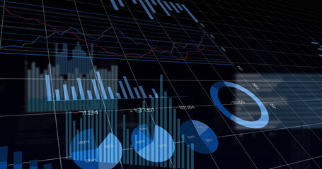 Displaying financial charts floating over virtual interface, with bar charts pie and donut charts