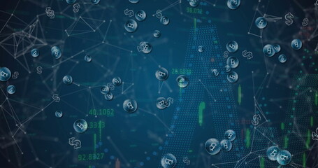 Floating bitcoin and dollar spheres hovering over digital grid, showing upward arrow, green data
