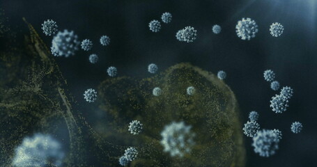 Floating focused spherical virus particle glowing in microscopic medium, with scattered light rays