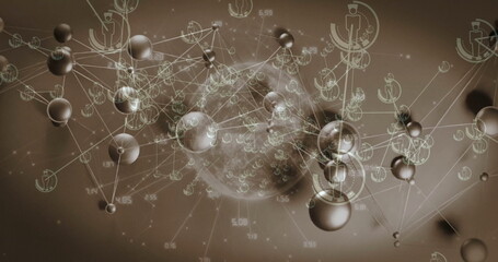 Obraz premium Displaying metallic spheres forming network in digital space, with human icons and numeric labels