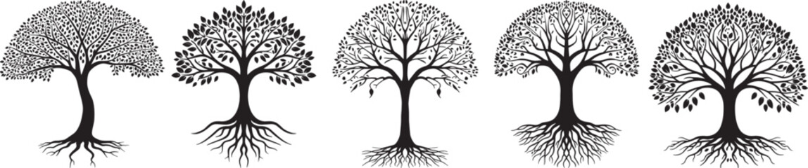 A collection of tree silhouettes with different forms, representing various stages of life and growth, ideal for environmental design and natural aesthetics.