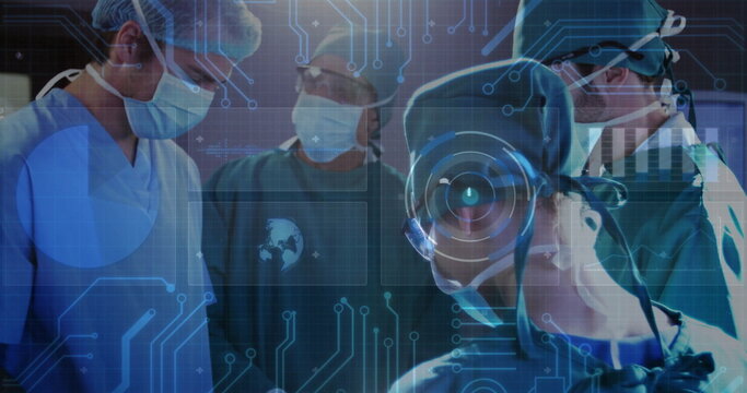 Operating surgical team wearing scrubs masks performing surgery in operating room, with holograms
